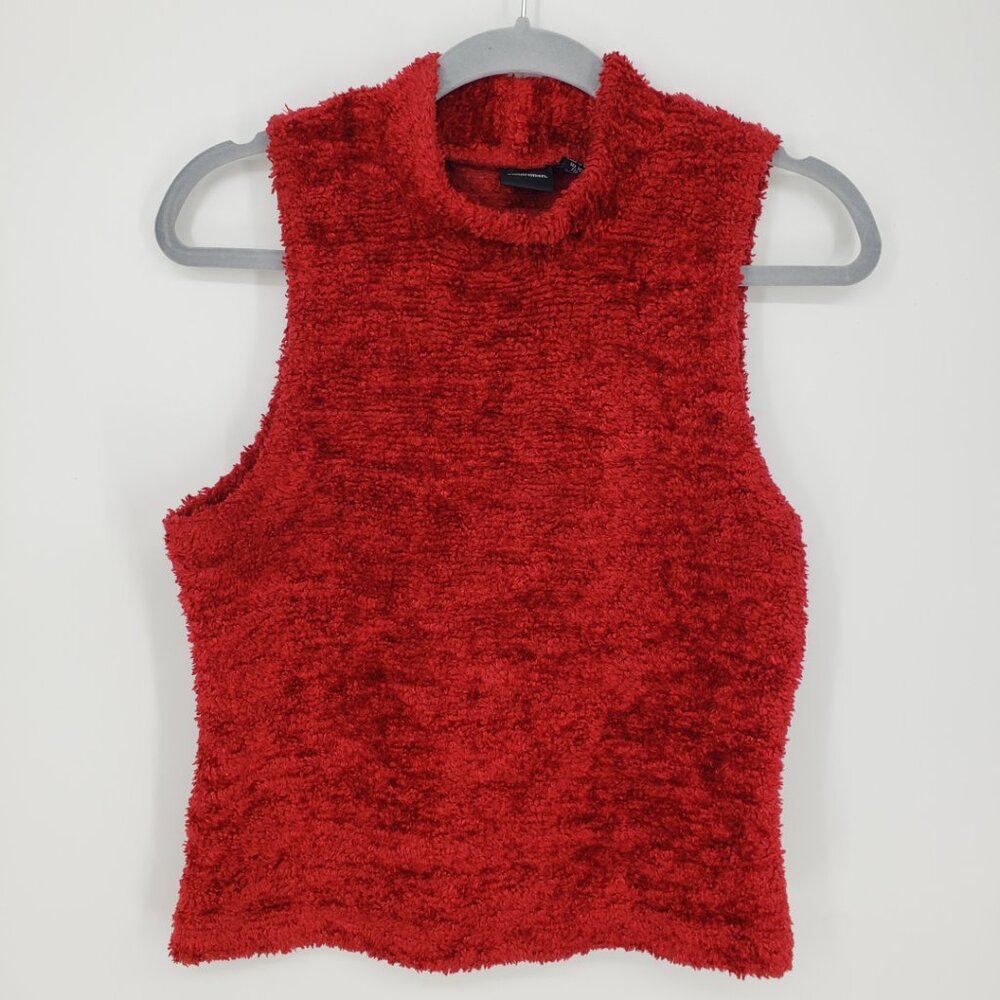 Vintage Y2K Xhilaration Fuzzy Teddy Sleeveless Sweater L Mock Neck Cherry Red